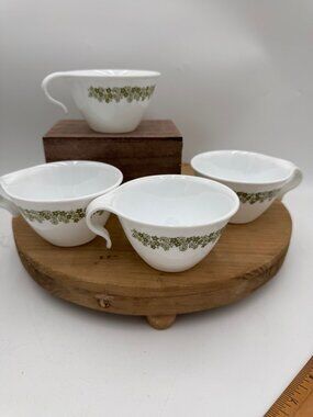 Pyrex Corelle Spring Blossom Crazy Daisy Milk Glass Flat Cup- Estate Find Set of